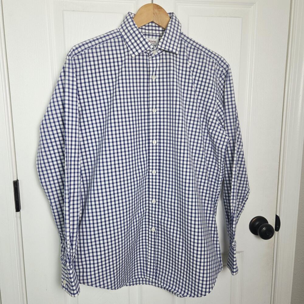 T.M.Lewin Shirt Mens 16.5 34/35 Blue Gingham Slim Fit Cotton Dress Career